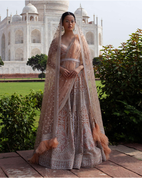 Risette Peach Lehenga Set Handcrafted With Metal Threadwork