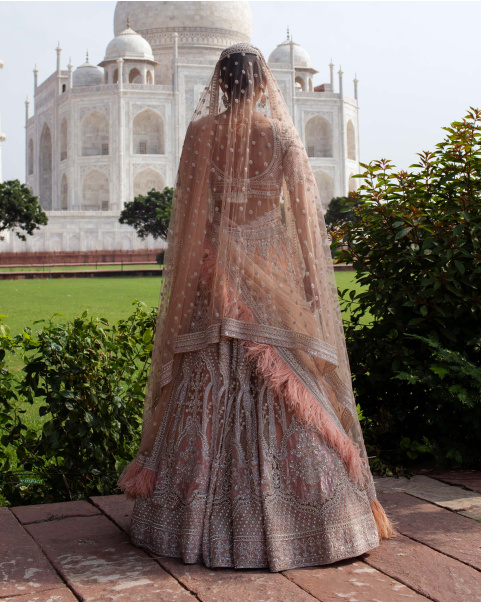Risette Peach Lehenga Set Handcrafted With Metal Threadwork