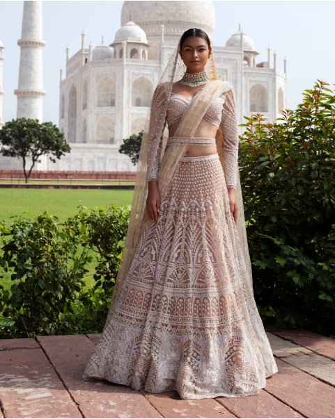 Odile Beige Based Lehenga Set Replete With Metal Threadwork
