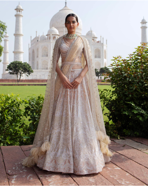 Leah Light Peach Lehenga Set Handcrafted With Metal Threadwork
