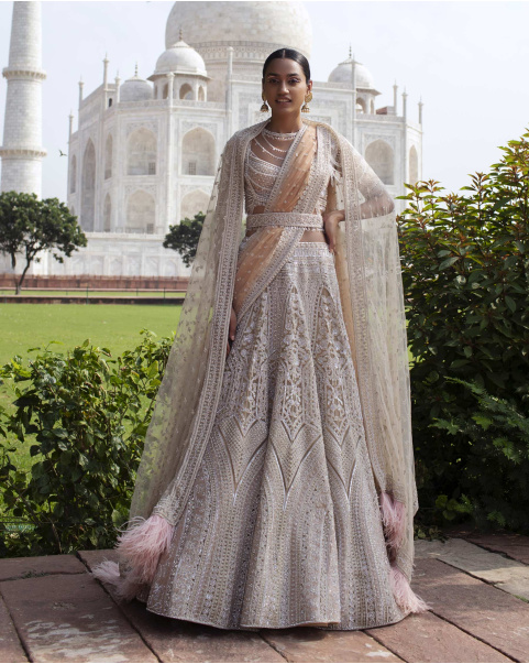 Bijou Beige-Based Lehenga Set Handcrafted With Metal Threadwork