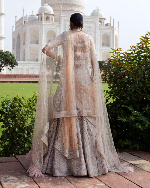 Bijou Beige-Based Lehenga Set Handcrafted With Metal Threadwork