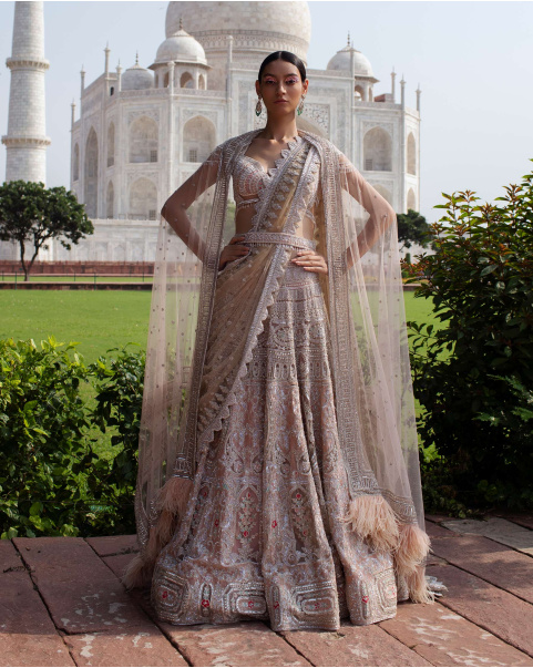 Anastasia Beige Lehenga Set Handcrafted With Metal Threadwork