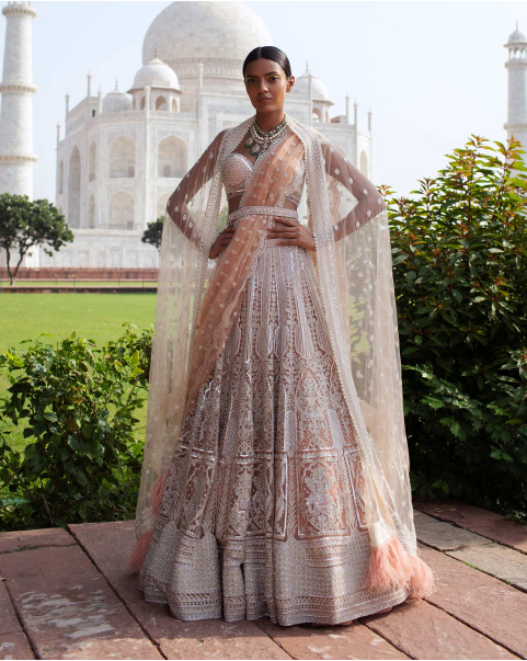 Kenza Peach Lehenga Set Handcrafted With Metal Threadwork