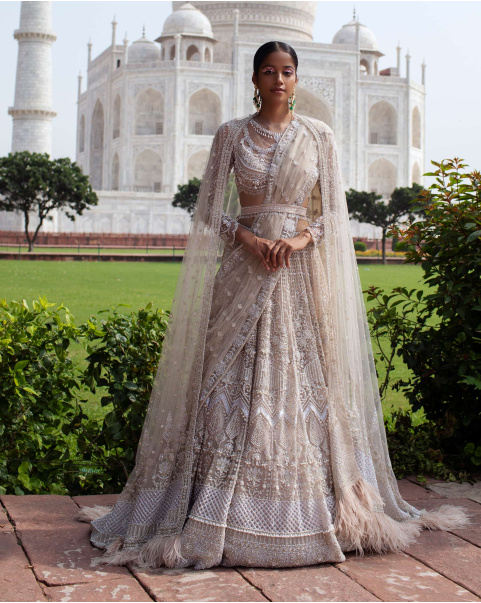 Jacinthe Light Beige Lehenga Set Handcrafted With Metal Threadwork