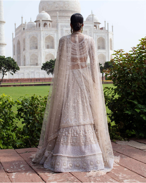 Jacinthe Light Beige Lehenga Set Handcrafted With Metal Threadwork