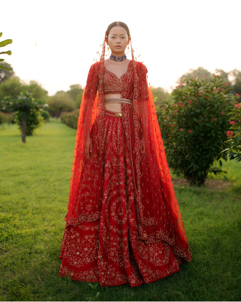 Aurore Red Lehenga Set Handcrafted With Threadwork