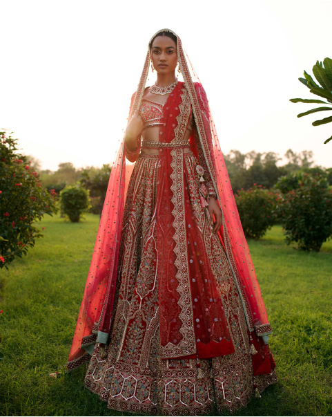 Cole Red Lehenga Set Handcrafted With Multicolored Threadwork