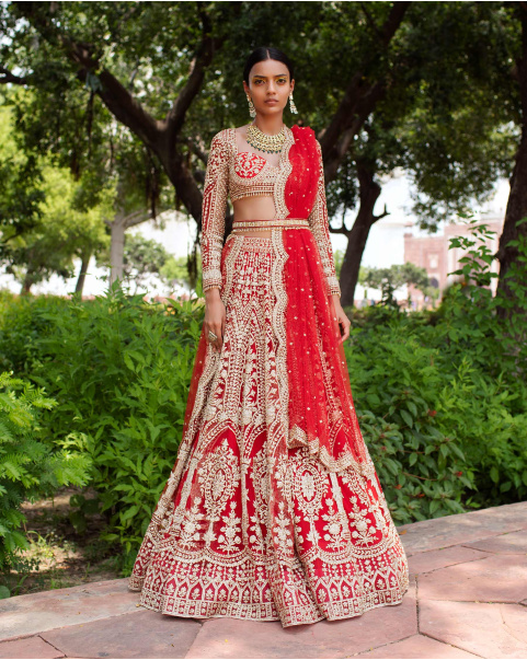 Sara Red Lehenga Set Handcrafted With Sequins And Stones