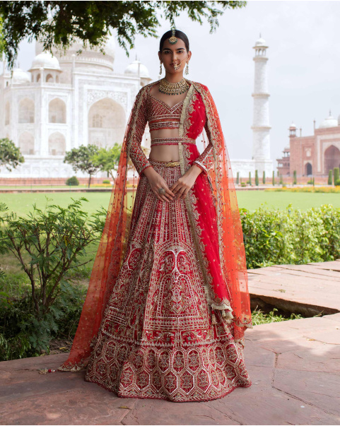 Holly Red Lehenga Set Handcrafted With Multicolored Threadwork