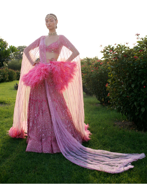 Axelle Bubble-Gum Pink Lehenga Set Handcrafted With Sequins