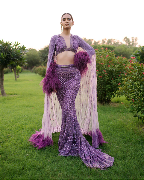 Violette Mauve-Based, Purple, Fitted, Trail Lehenga Set