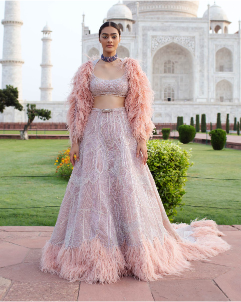 Desiree Peach Trail Lehenga Set Handcrafted With Sequins