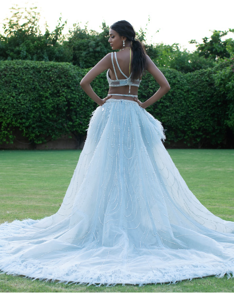 Questa Powder Blue Trail Lehenga Set Handcrafted With Beads