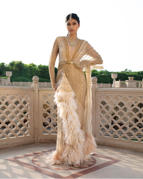 Tempeste Light Beige Based Handcrafted Saree Gown