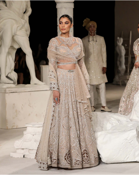 Mara Lehenga Set Beige Silver Architectural Motifs Embellished