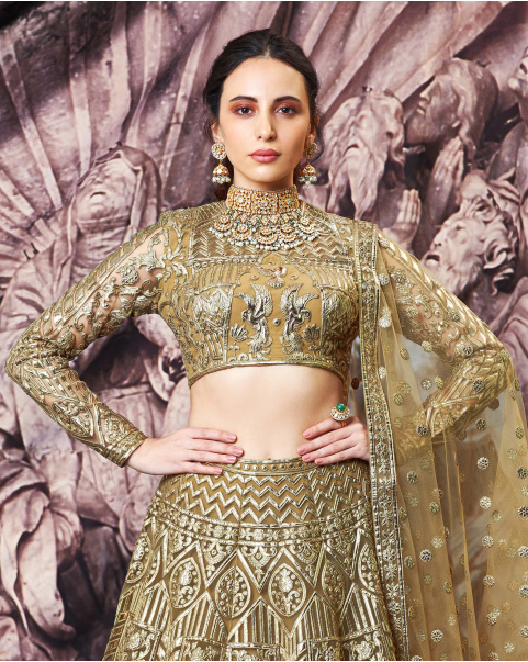 Regina Olive Green, Golden Foil Lehenga Set