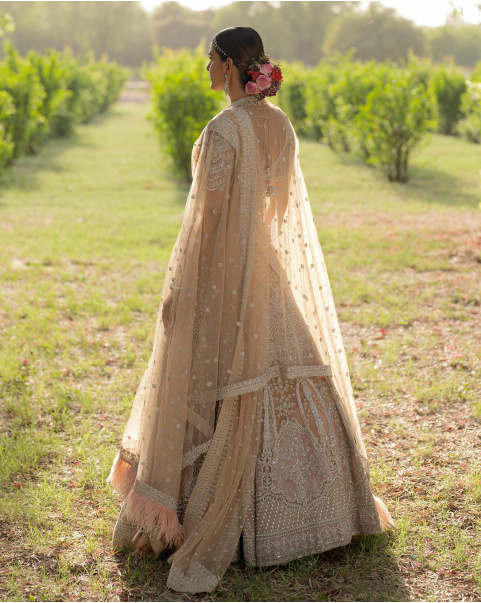 Zuri Light Peach Lehenga Set Encrusted With Crystals