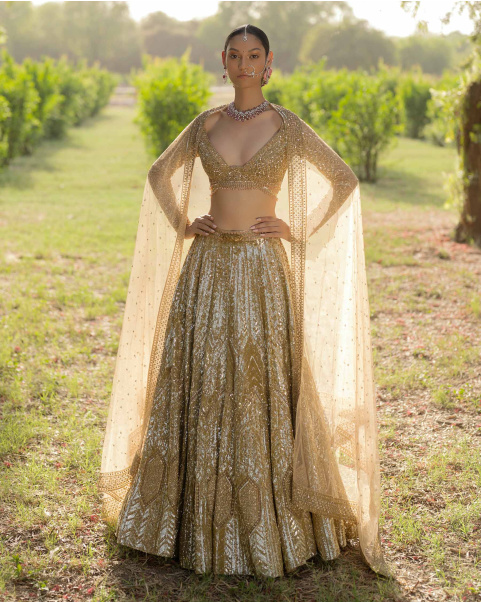 Aude Light Gold Lehenga Set Encrusted With Sequins
