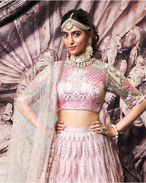 Sabrina Golden Foil Lehenga Set With Green And Pink Silk