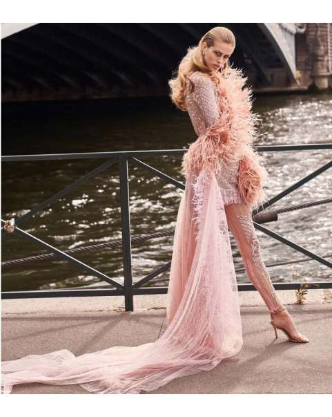 Rose quartz, intricately embellished short dress with sheer paints