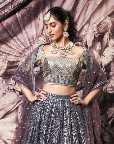 Skye Dark Mauve, Golden Foil Lehenga Set