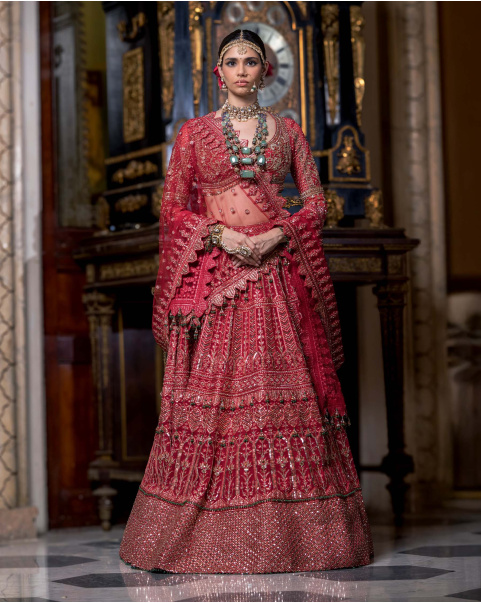 Freya Fiery Red Lehenga Set With Golden Floral Embroidery