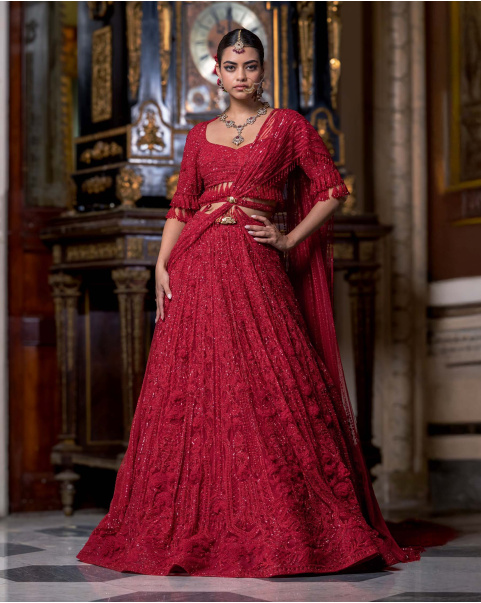 Zelia Fiery Red Lehenga Set With Floral Embroidery & Tassels