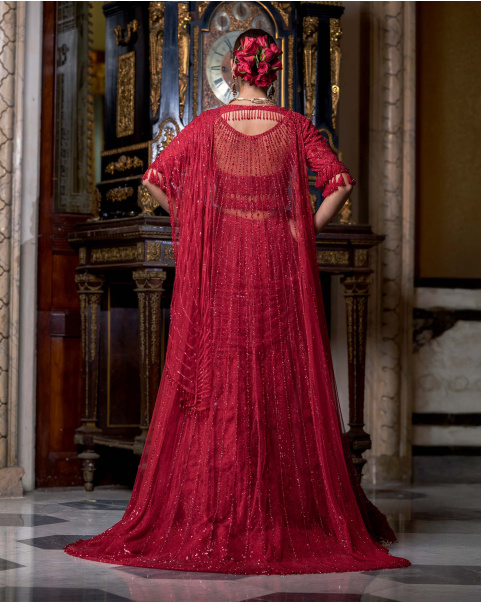 Zelia Fiery Red Lehenga Set With Floral Embroidery & Tassels