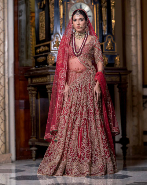Corsica Fiery Red Lehenga Set With Intricate Golden Threadwork Details