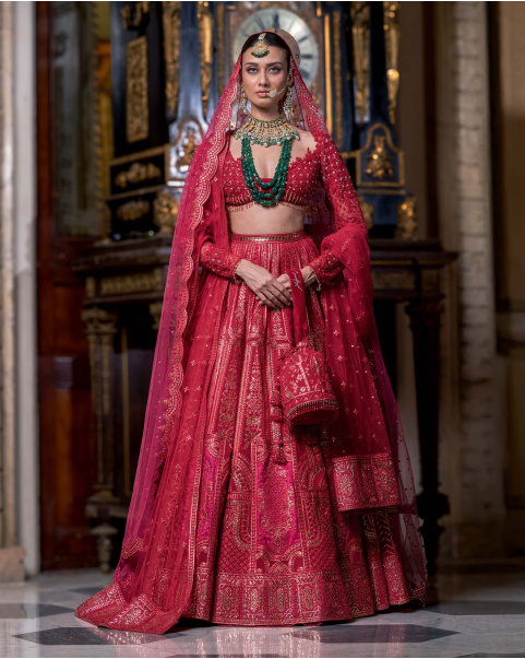 Rochelle Pompeian Red Lehenga Set With Golden Chrome Applique Details