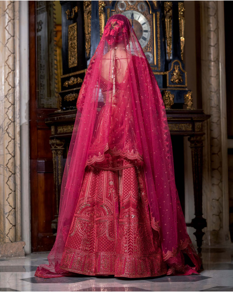 Rochelle Pompeian Red Lehenga Set With Golden Chrome Applique Details