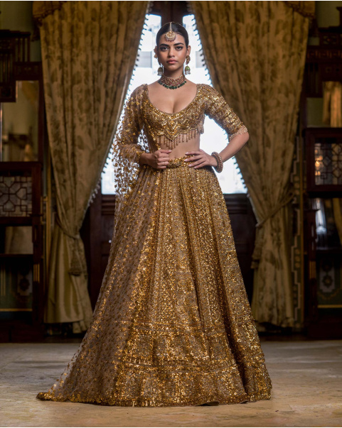 Basile Golden Lehenga Set With Sequins, Beads And Crystals