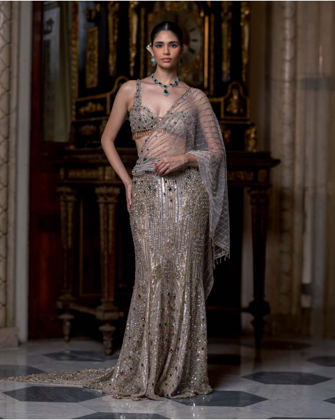 Gaby  silver and golden fitted lehenga set