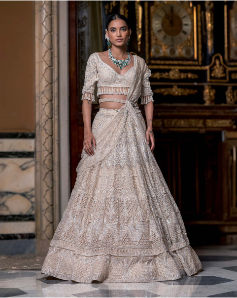 Rolandie Ivory Lehenga Set With Pearls And Embroidery