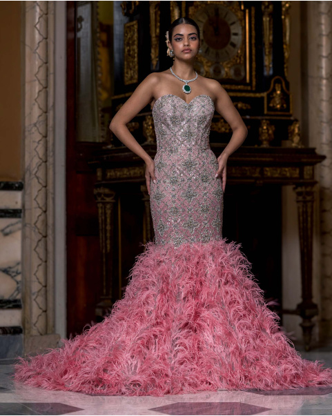 Tiphaine Pink Feather & Crystal Mermaid Gown