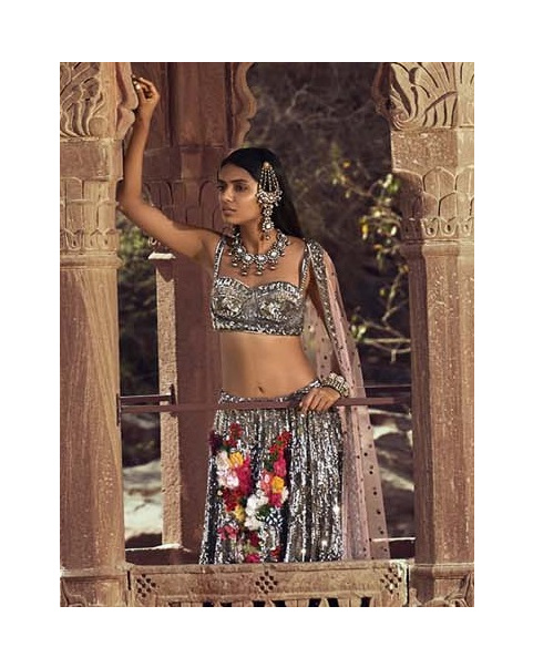 Gunmetal-hued floral embroidered Lehenga