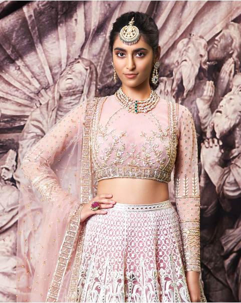 Viviana Beige Lehenga Set With Golden Foil Work