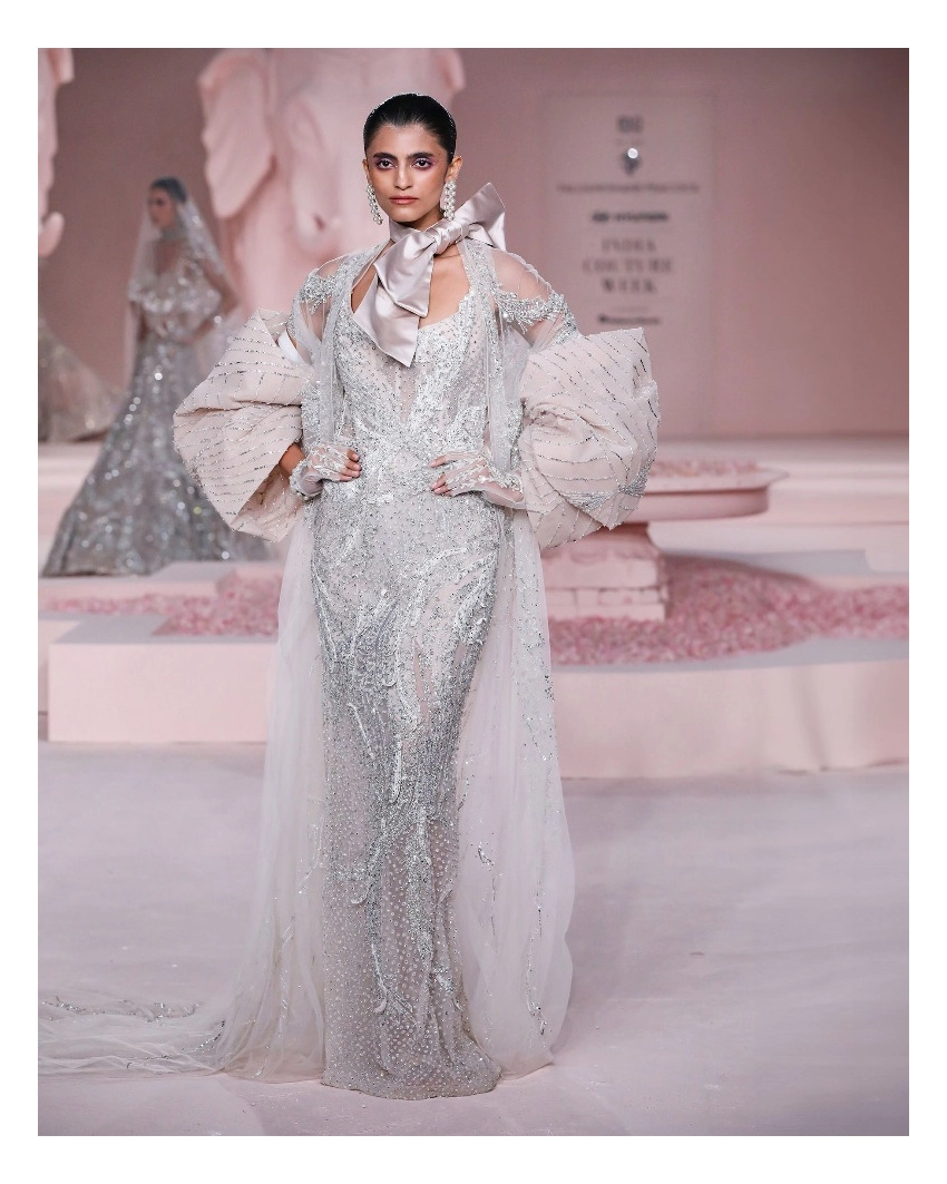 Judith Fitted Gown with Intricate Silver Embroidery with Sequins