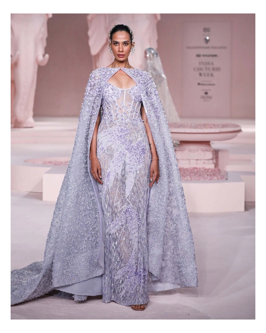 Julianne Misty Lilac Corset Gown with Crystal Embellishments & Floral Cape