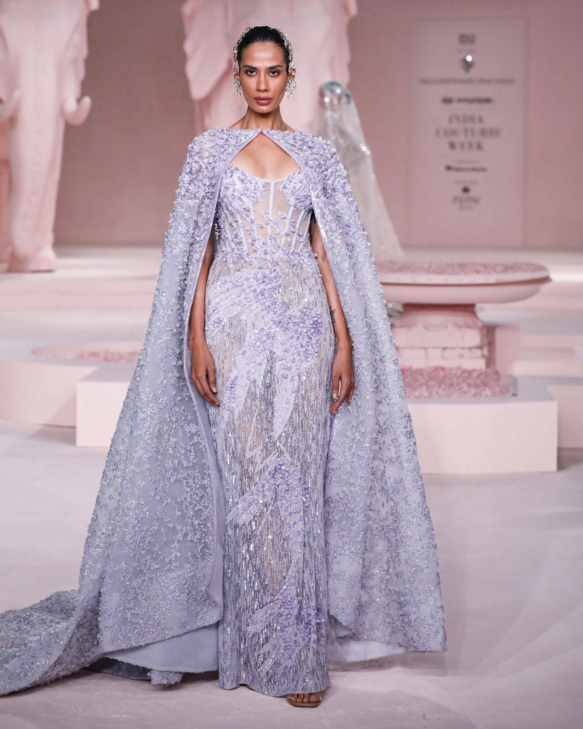 Julianne Misty Lilac Corset Gown with Crystal Embellishments & Floral Cape