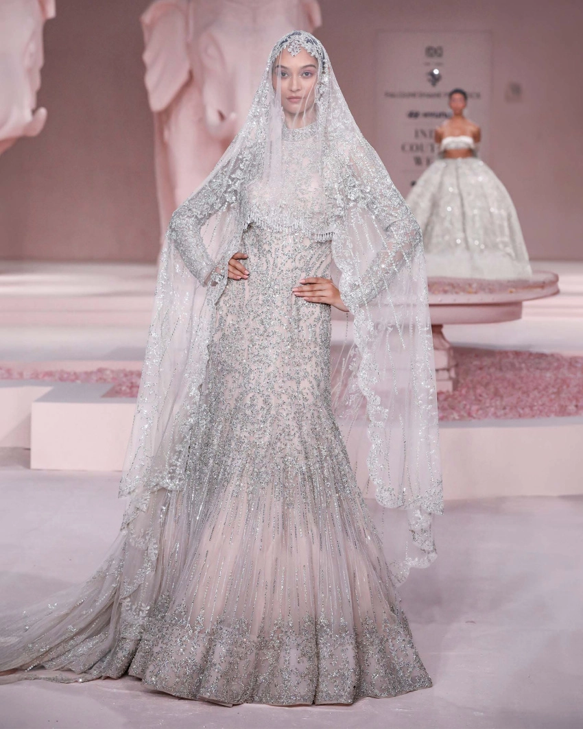 June Light Pink Full-Sleeved Mermaid Gown with Silver Embroidery