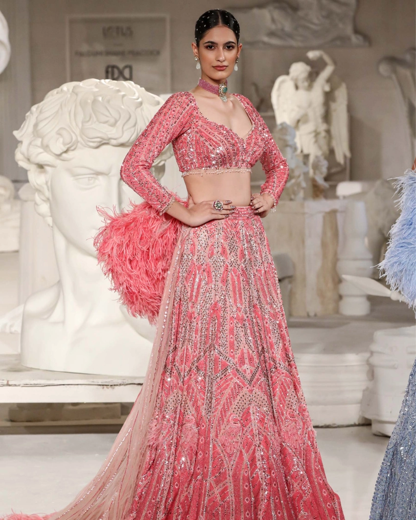 Josephine Lehenga Set Deep Blush Architectural Motifs Feathered