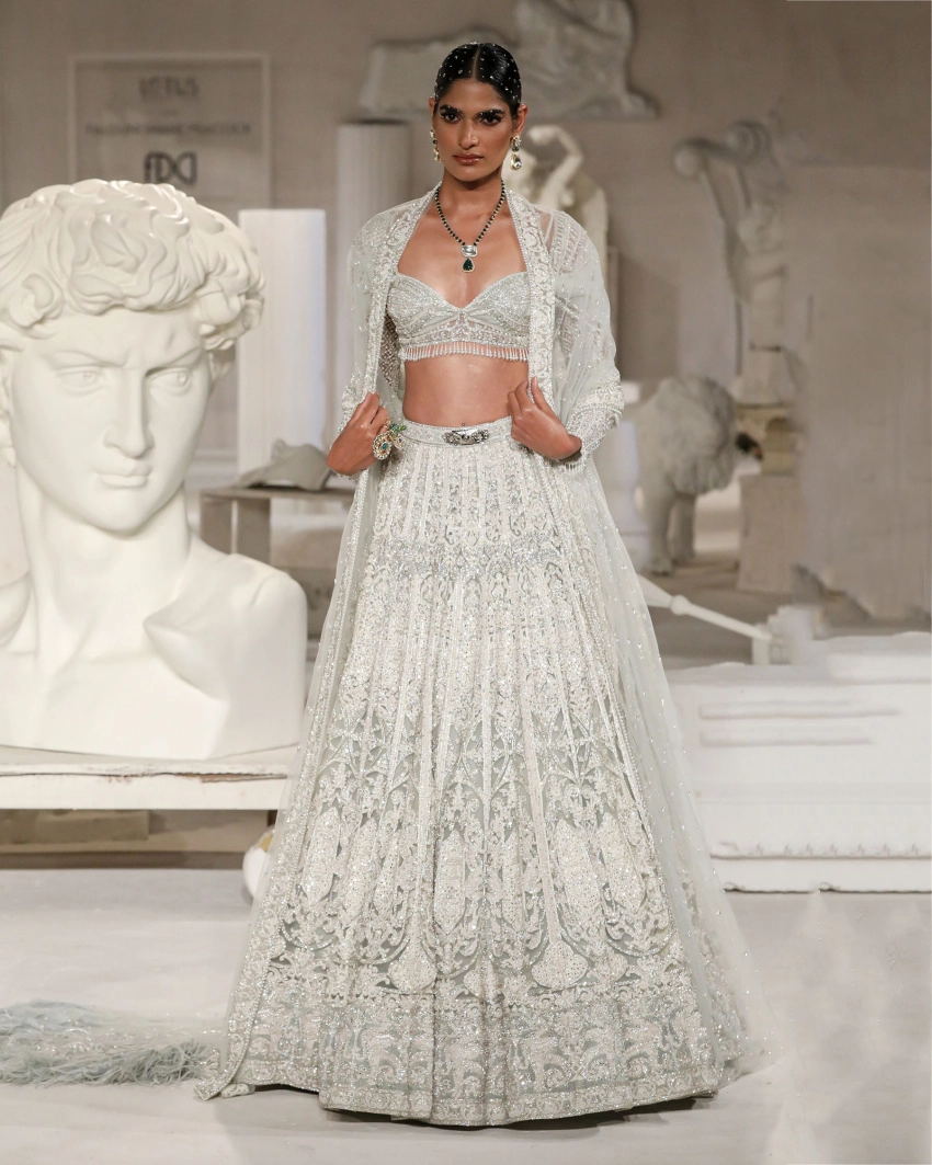 Joy Lehenga Set Spa Blue Silver Architectural Foliage Motifs