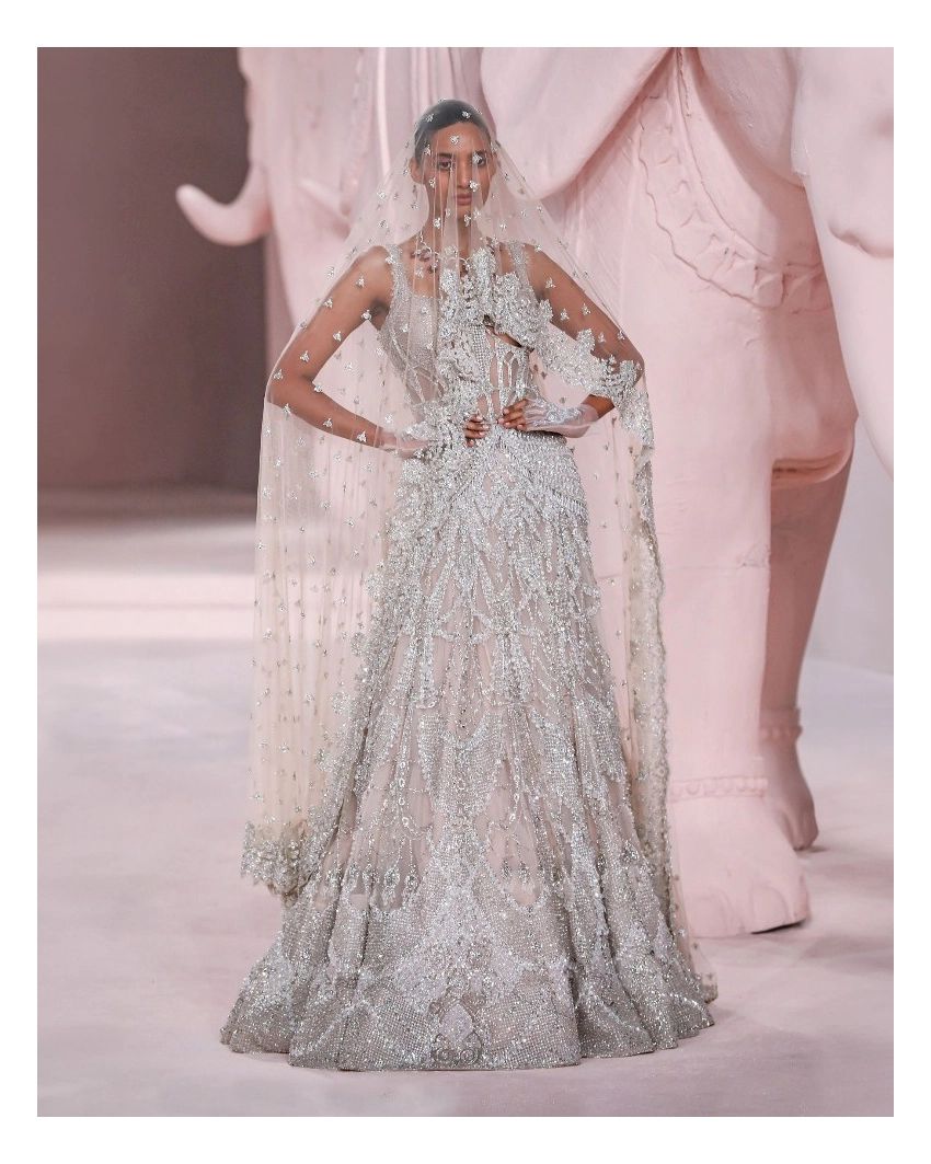 Kira Light Peach Sleeveless Gown with Silver Embroidery & Sheer Crystal Bodice