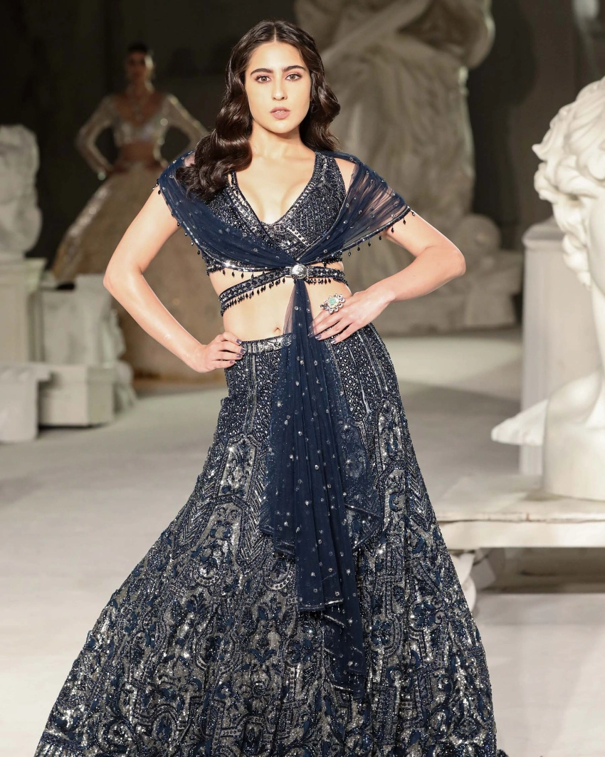 Sara Ali Khan Lehenga Set Midnight Blue Crystals Beads Silk