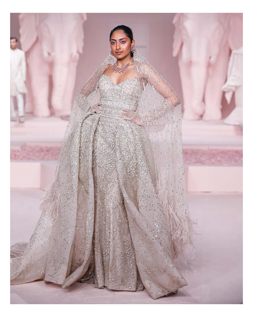 Shiloh Light Grey Strapless Sweetheart Gown with Gold Embroidery & Feather Veil