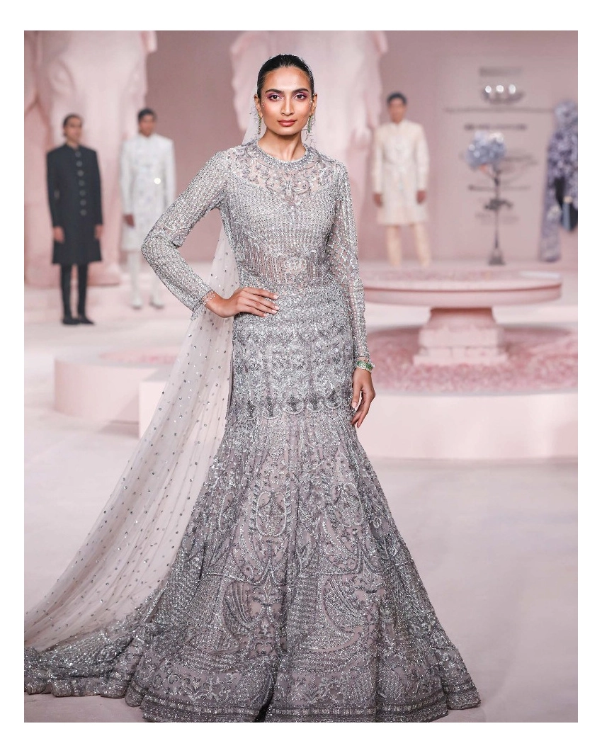 Milana Mauve Mermaid Gown with Full Sleeves, Trail & Embellished Tulle Veil