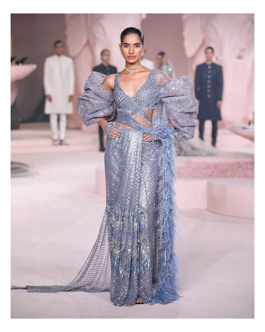 Myah Blue Saree Gown with Gunmetal Embroidery & Sequins