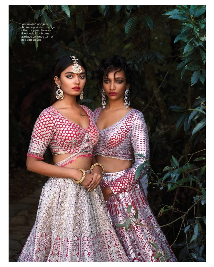 Light Golden And Pink Chrome Applique Lehenga Set And Silver And Pink Chrome Applique Lehenga Set